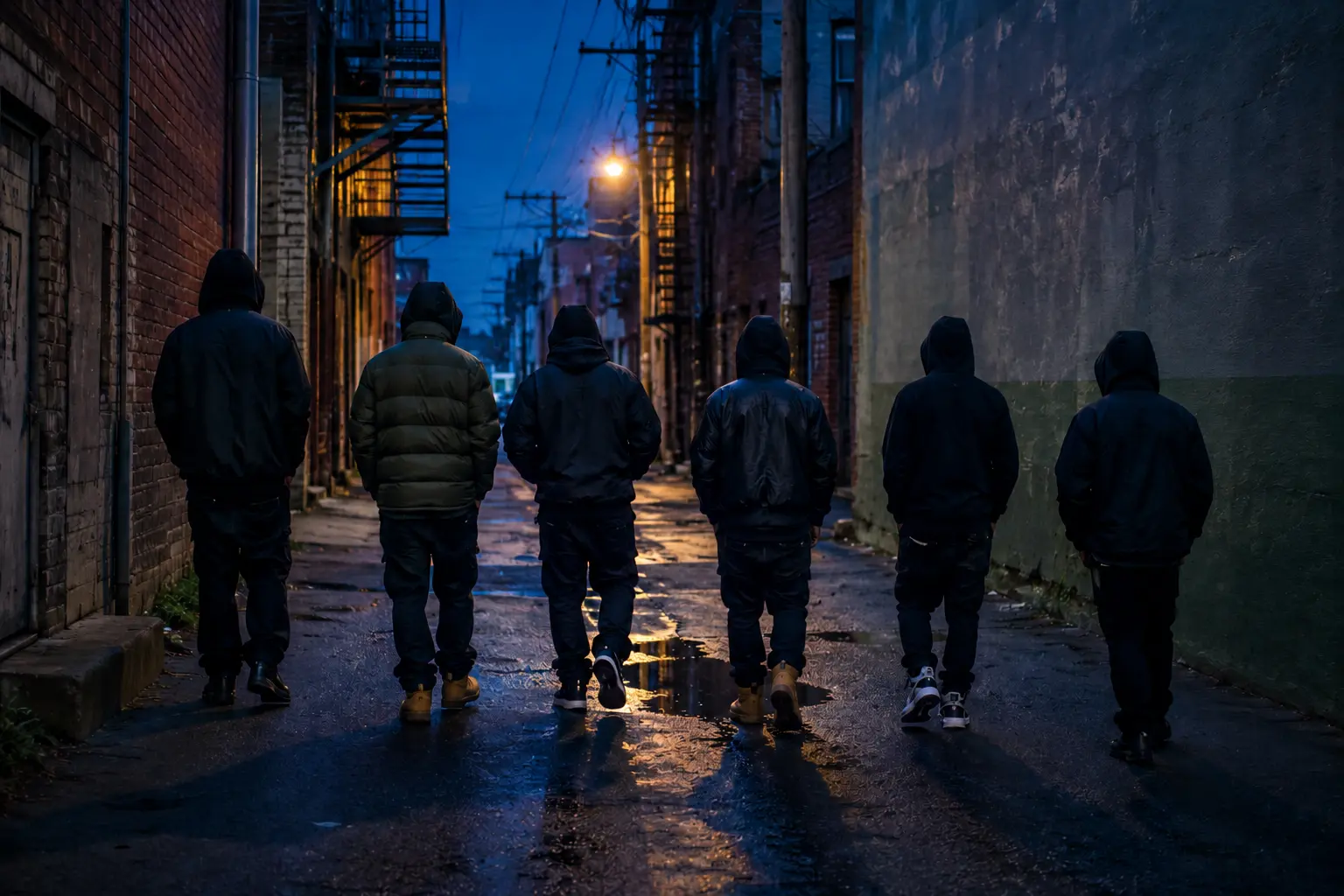 Six anonymous hooded members of Money On Da Low on a Baltimore block