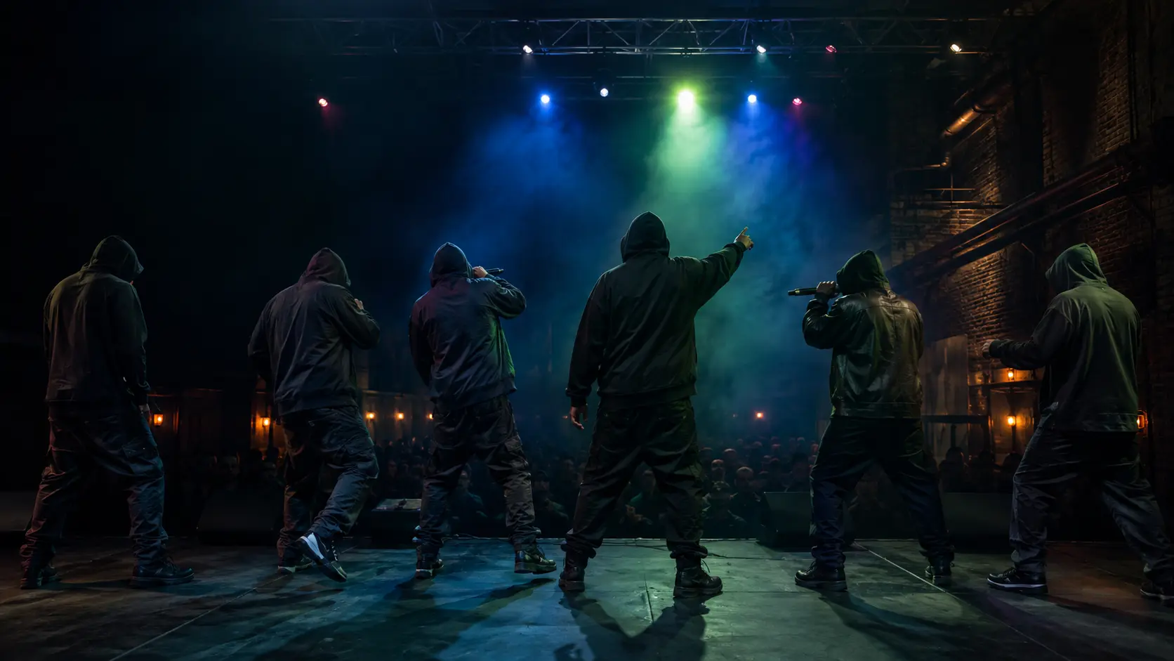 Six hooded M.O.L. members performing together under cinematic stage lighting