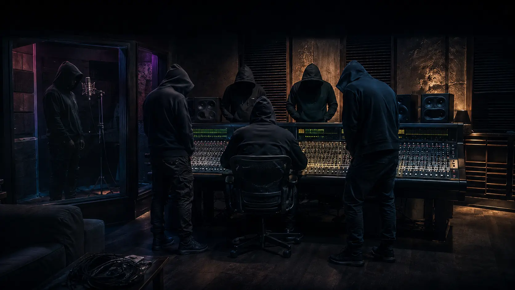 Six hooded M.O.L. members working together in a recording studio
